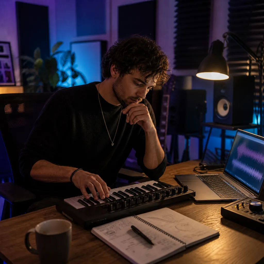 Songwriter sketching an early ACE-Step song idea in a home studio