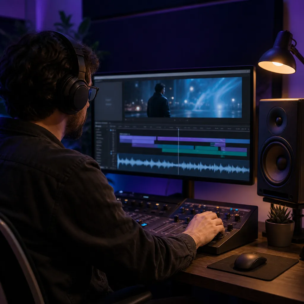Video creator shaping instrumental background music for a scene
