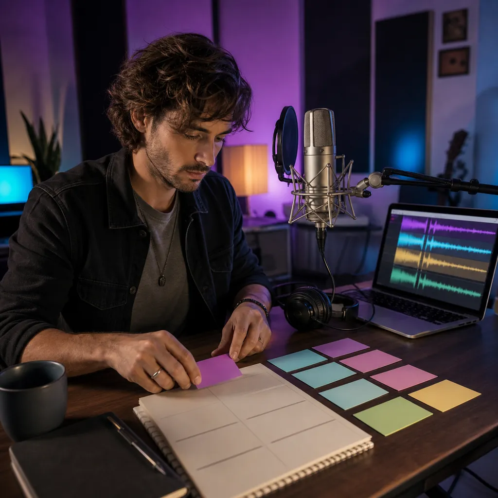 Songwriter arranging verse chorus and bridge ideas beside a microphone