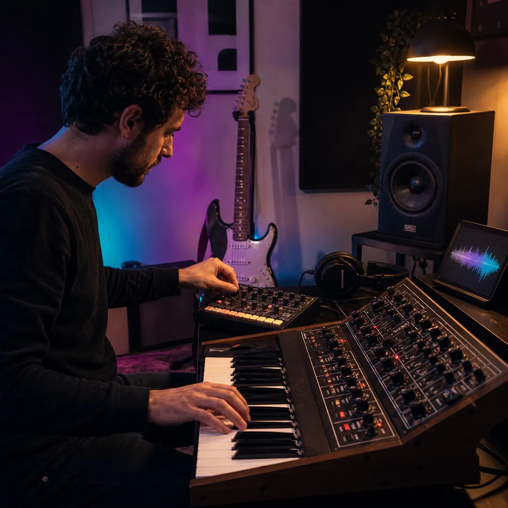 Musician exploring an instrumental arrangement with synth guitar and drum machine