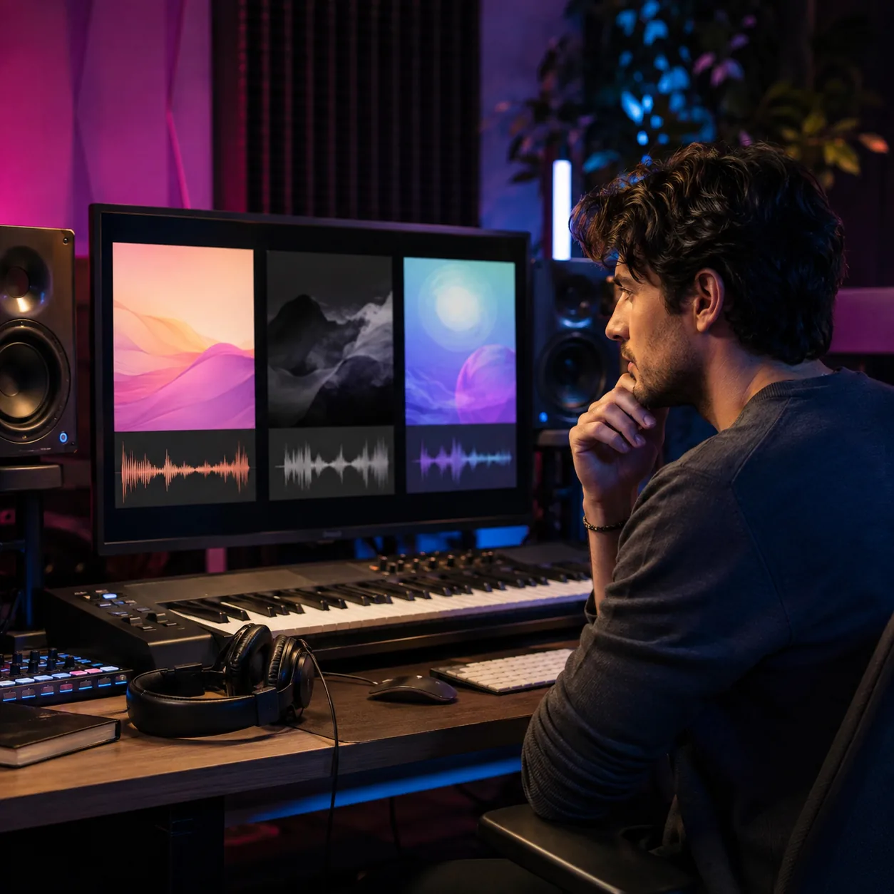 Music producer comparing group and solo K-pop concepts in a studio