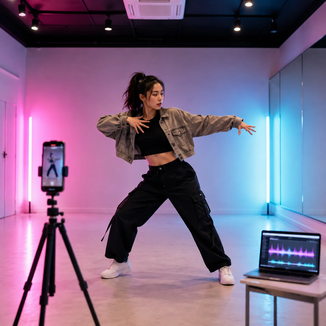 Dance creator matching a K-pop hook to a vertical video