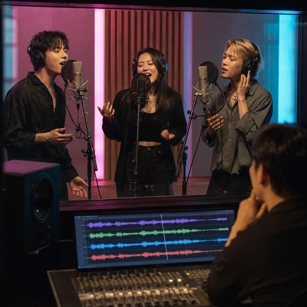 Vocal producer planning layered voices for a K-pop group hook