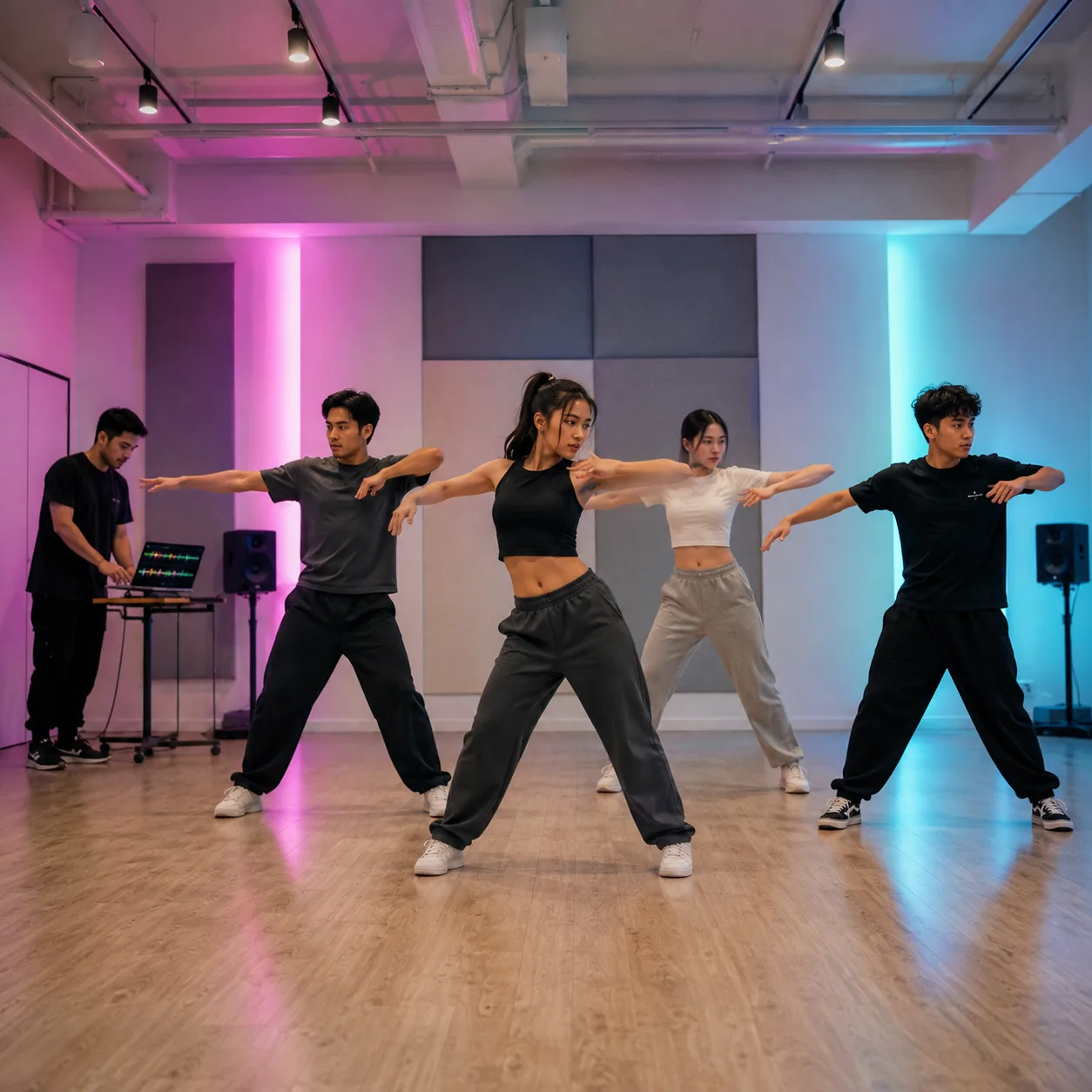 Dance team rehearsing with an instrumental K-pop practice track