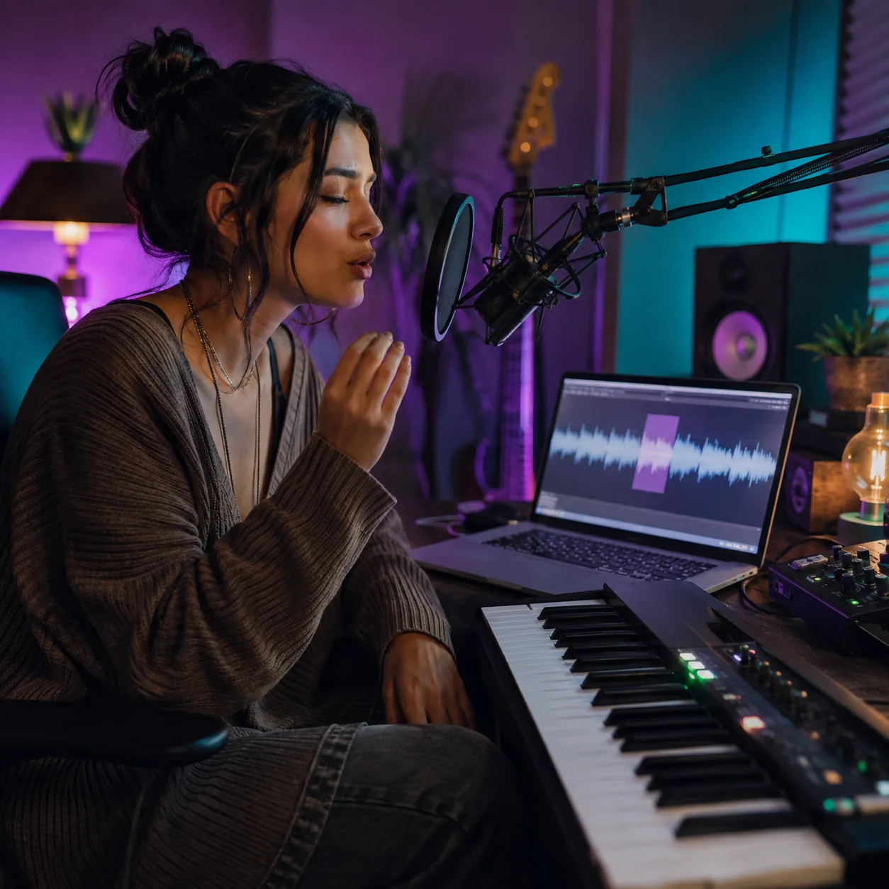 Pop songwriter testing a chorus hook in a home studio
