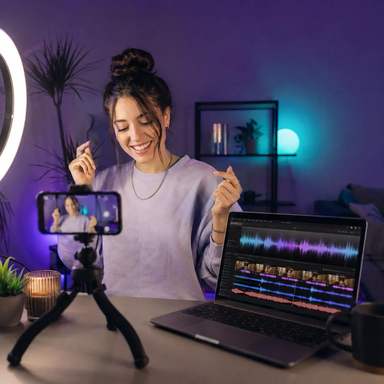 Video creator matching a custom pop track to a short vertical video