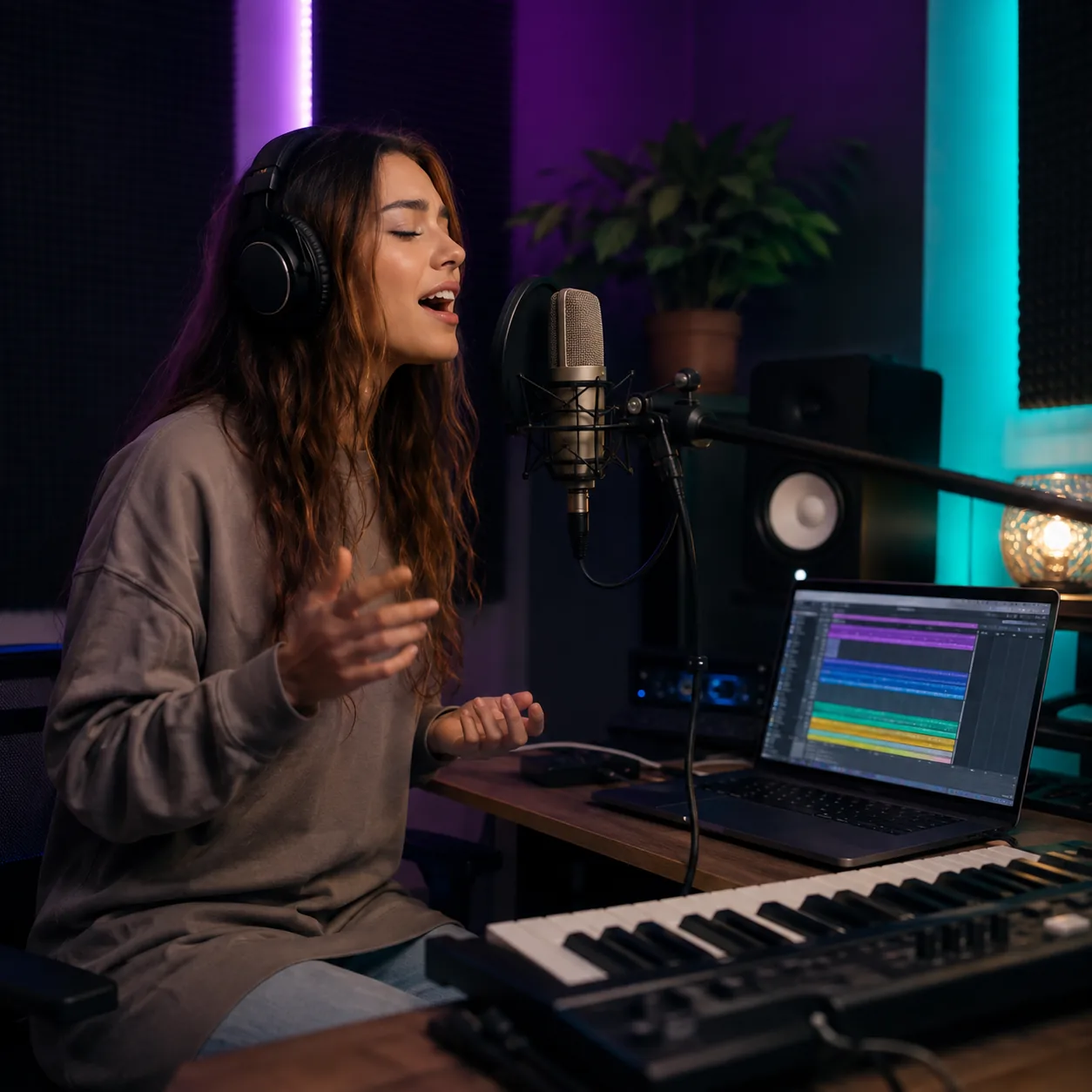 Vocalist practicing with an AI-generated pop backing track