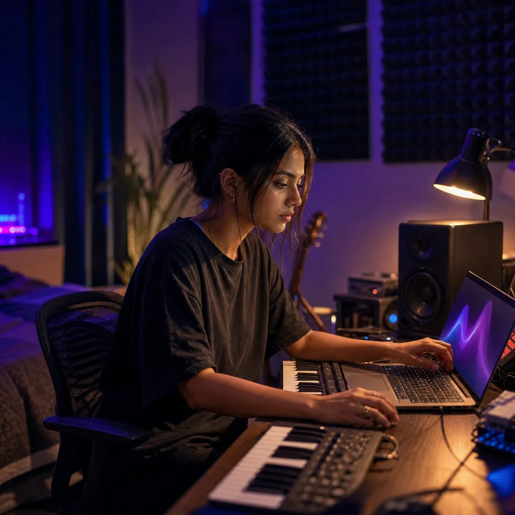 Music creator drafting a Lyria 3 track from a written prompt in a home studio