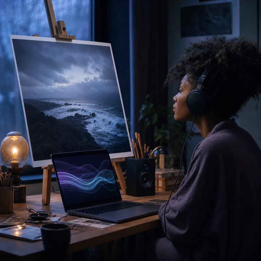 Visual artist using a stormy coast photograph as musical mood guidance