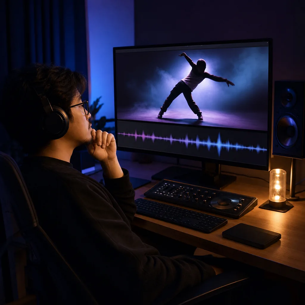 Filmmaker checking a generated music clip against a dance video