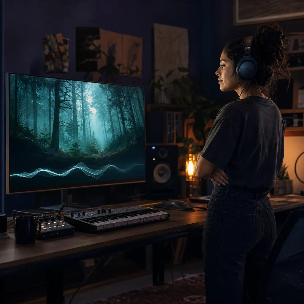 Game developer creating atmospheric music for a misty forest scene
