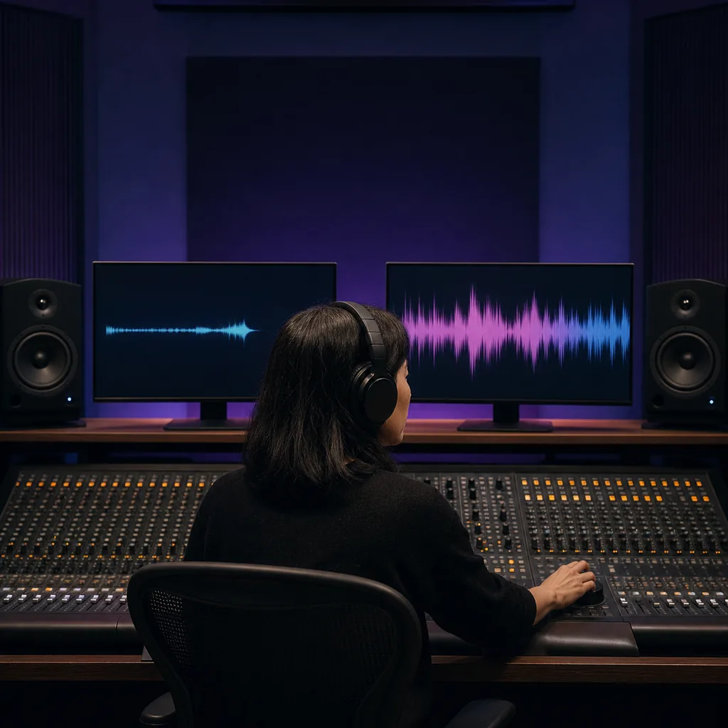 Audio producer comparing Lyria 3 Clip and Pro waveforms in a control room