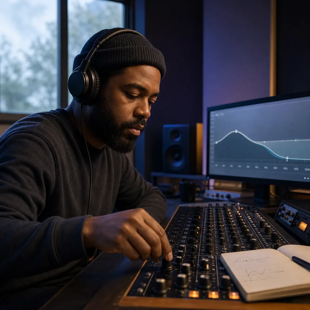 Sound designer refining a music draft with precise mix controls